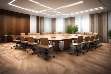Large conference room, wooden table, chairs and pr ...