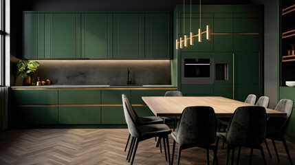 The dark green, forest interior of the kitchen, the design is modern for ideas and inspiration.