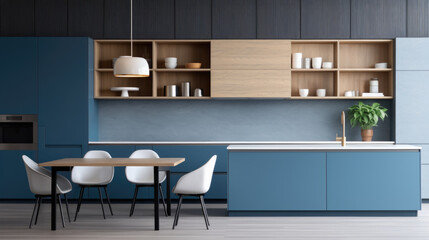 The Blue interior of the kitchen, the design is modern for ideas and inspiration.