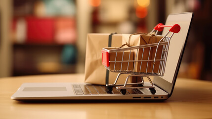 Shopping cart on computer keyboard. The concept of mail order internet e-commerce market