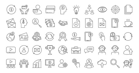 Marketing line icons set. People, money, goal, paper, letter, team, idea, growth, support, exchange, relationship, mail, key, dollar, currency, thoughts, prize. Vector stock illustration.