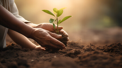  human hands gently holding a young plant amidst soil, symbolizing care, growth, and environmental consciousness