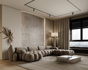 Beige, gray contemporary minimalism interior with sofa, concrete wall, backlit and decor. 3d render illustration mockup.