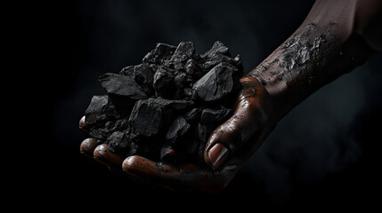 Person Holding Coal: Close-Up of Hands with Black Coal - Dark, Moody Background and Selective Lighting - obrazy, fototapety, plakaty