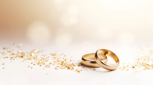 Wedding rings from red gold on light bokeh background. Gold wedding rings. Minimalistic rings for wedding, proposal. Saint Valentine Day rings. Ring photo for ads or catalog. Simple wedding rings