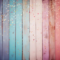Colorful rainbow wood boards background with glitter and confetti. A birthday and celebration copyspace with room for text. Generative ai. 