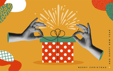 Hands open Christmas gift box retro collage mixed media style vector illustration
