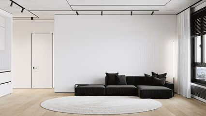 White minimalism contemporary interior with black sofa, carpet and floor lamp. 3d render illustration mockup.