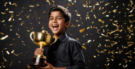 Young Indian Boy Holding Gold Trophy with Confetti Background. Student Award and Recognition Concept.