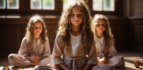 Group of little girls dressed in light tones smiling together doing yoga.