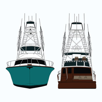 recommend clip art: Front and back view fishing boat vector line art illustration