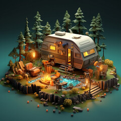 3D Isometric camping truck in the forest with a small bonfire in the woods during evening  with a lake 