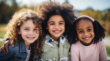 Obraz premium An uplifting portrait featuring a multicultural group of children, radiating joy and happiness while enjoying outdoor fun and activities together.