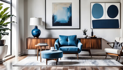 Blue armchair near wooden long coffee table against of white wall with big art canvas poster frame. Mid-century interior design of modern living room