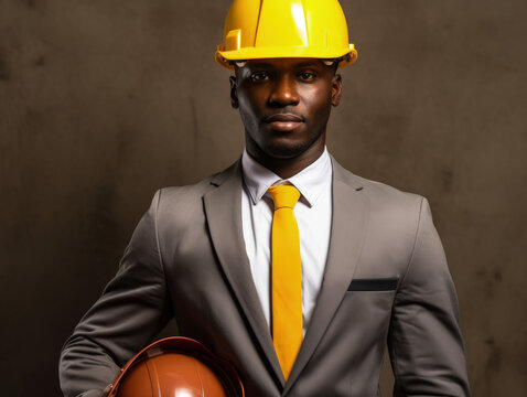 This image features an African American businessman in a suit holding a hard hat in a mid-body view, offering ample space for text or content.