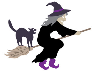 Halloween outlined vector illustration element of spooky, cute and fun flying wicked witch in black costume awith a hissing cat on the broom