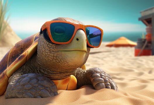sea turtle wearing glasses in the sand