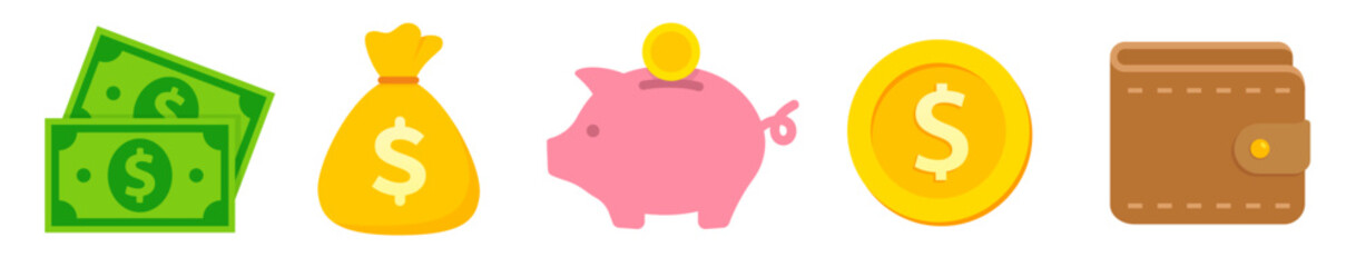 Fototapeta premium Finance icons. Business Icons, money signs. Money silhouette collection. Wallet with cards icon. Coins silhouette icon. Moneybag or stash. Piggy bank flat style - stock vector.