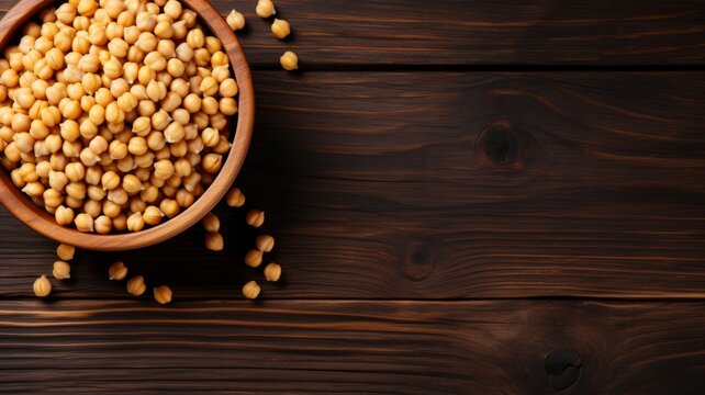 Organic Chickpeas Legumes Photorealistic Horizontal Background. Plant-based Protein, Vegetarian Food. Ai Generated Background with Healthy Vegan Chickpeas Legumes On Wooden Countertop with Copy Space.