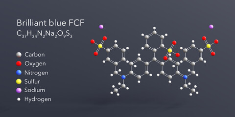 brilliant blue fcf molecule 3d rendering, flat molecular structure with chemical formula and atoms color coding