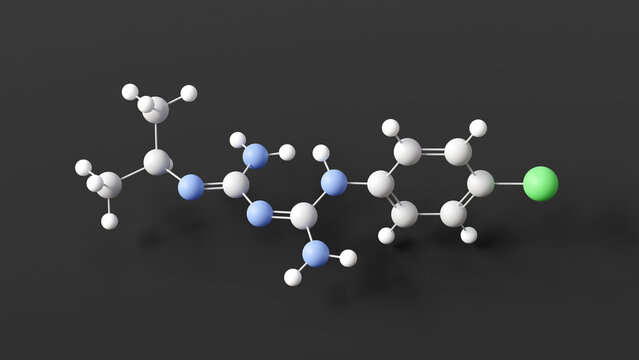 proguanil molecule, molecular structure, miscellaneous antimalarials, ball and stick 3d model, structural chemical formula with colored atoms