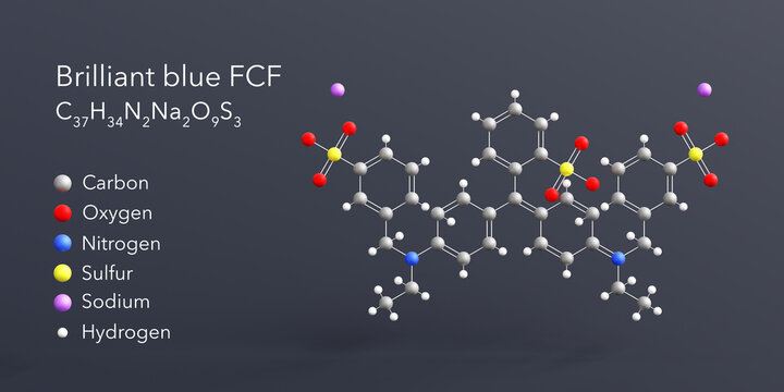 brilliant blue fcf molecule 3d rendering, flat molecular structure with chemical formula and atoms color coding