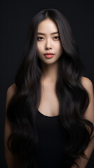 Asian Woman Curly Long Hair Black Dress with Make-up Lipsticks