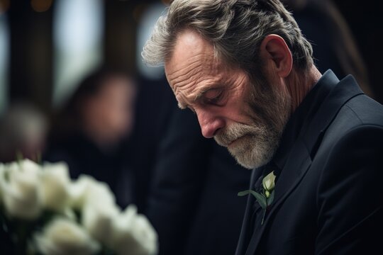 closeup shot of a senior man in front of a funeral bouquet