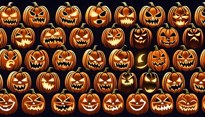 Illustration of illuminated carved pumpkins with different evil faces in darkness at Halloween night