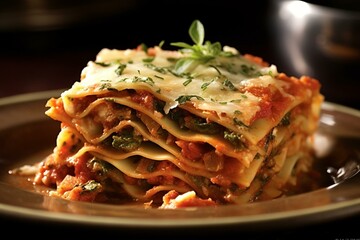 A delightful Italian pasta dish layered with savory sauces and melted cheese. Generative AI - obrazy, fototapety, plakaty