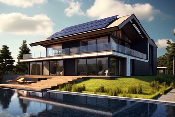 Modern house with solar panels. Generative AI