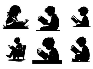 Child Reading book vector silhouette illustration black color pack