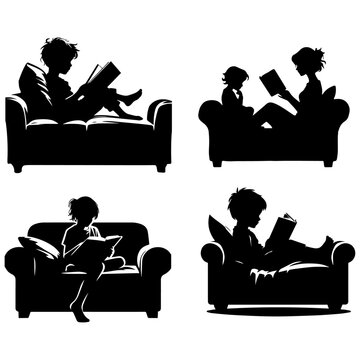 Child Reading book vector silhouette illustration black color pack