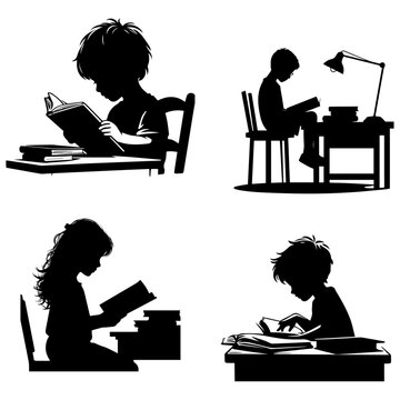 Child Reading book vector silhouette illustration black color pack