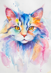 Norwegian Forest Cat painted in watercolor on a white background in a realistic manner, colorful, rainbow. Ideal for teaching materials, books and nature-themed designs.