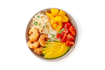 Poke bowl with shrimp isolated on white background. Top view.