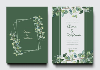 Minimalist wedding invitation card template design, floral design with watercolor greenery leaf and branch decorated on line frame on green.