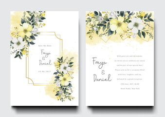 Minimalist wedding invitation card template design, floral design with watercolor soft yellow leaf and branch decorated on line frame on white