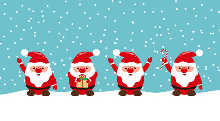 Cartoon Santa Claus with snow background and gift boxes