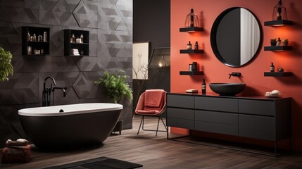Modern bathroom with black tile and matte black accents,