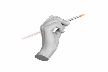 A female statue's hand holding a paintbrush isolated on a white background. Mockup with empty copy...