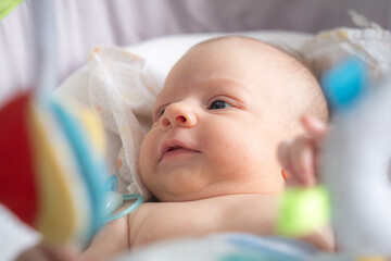 Portrait newborn baby boy lying in nursery cocoon with blue clothes on bed in bedroom at home, happy baby morning