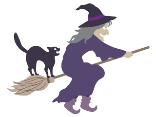Halloween outlined vector illustration element of spooky, cute and fun flying wicked witch in purple costume awith a hissing cat on the broom