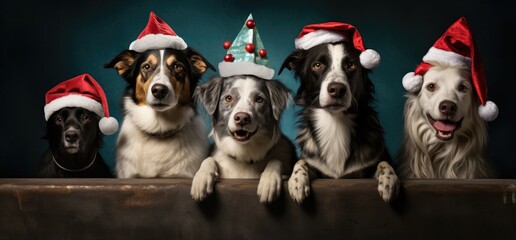 Dogs in festive Christmas hats - obrazy, fototapety, plakaty