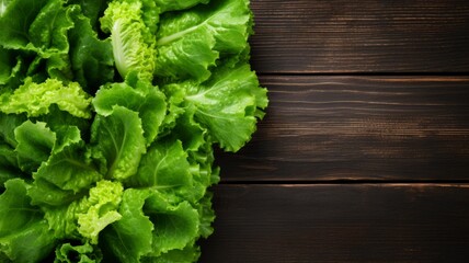Fresh Organic Lettuce Vegetable Photorealistic Horizontal Background. Healthy Vegetarian Diet. Ai Generated Background with Delicious Juicy Lettuce Vegetable On Wooden Countertop with Copy Space.