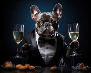 A dog dressed in a tuxedo holding a glass of wine