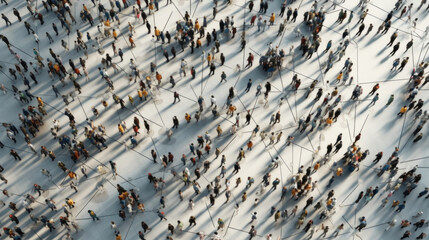 Aerial view of crowd people connected by lines, social media and communication concept. Community. Generative Ai