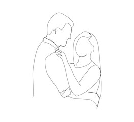 Couple romantically embracing each other in a happy moment, one line art hand drawn free hand vector illustration.