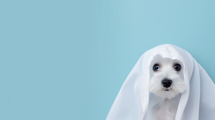 Obraz premium Cute dog wrapped in a sheet wearing a ghost costume on a minimalistic background. Halloween concept. 