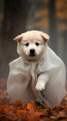 Cute dog with ghost costume in autumn park. Puppy in a ghost costume. Halloween concept. 